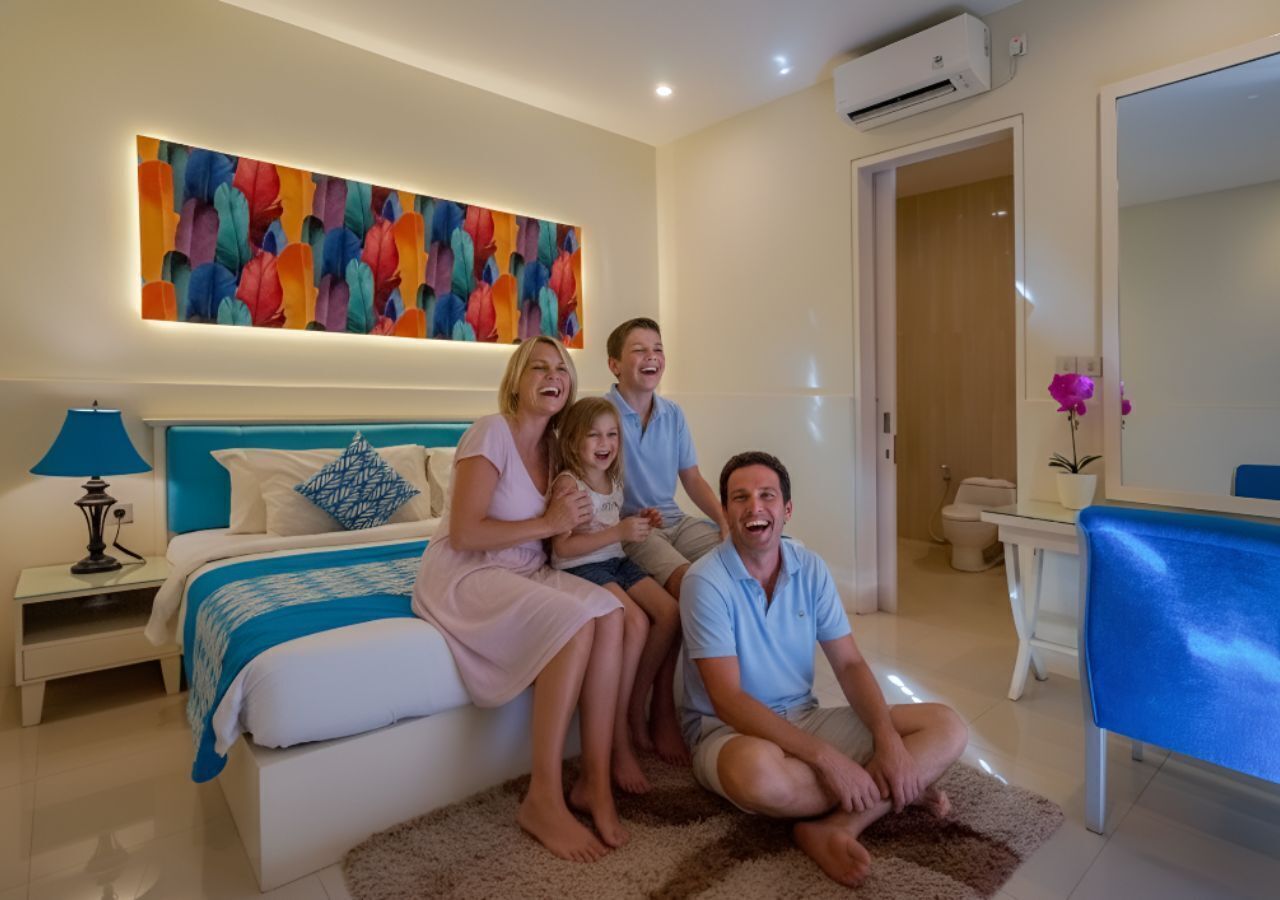 Une famille de quatre personnes est allongée sur un lit dans une chambre moderne. Au-dessus du lit, on aperçoit une peinture abstraite aux couleurs vives. Une table de chevet avec une lampe se trouve à côté du lit, et on peut voir une salle de bain au fond de la pièce.
