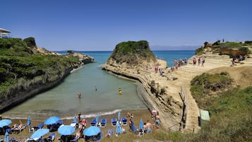 On the beach, sun loungers, beach umbrellas, beach towels