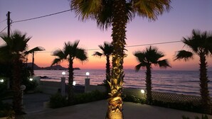 A coastal sunset view with palm trees and a fence. - Sidari Beach Hotel (Corfu)