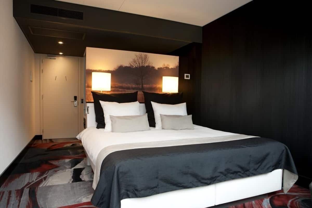 Een hotelkamer met een bed, twee bedlampen, een groot wanddecor en een vloerbedekking.
