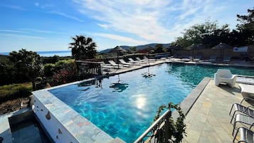 Outdoor pool, pool umbrellas, pool loungers