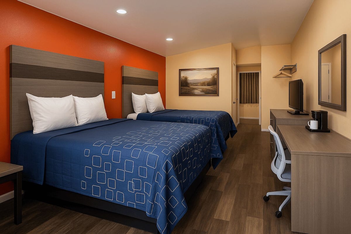 A hotel room with two beds, a desk, a television, and a painting on the wall.