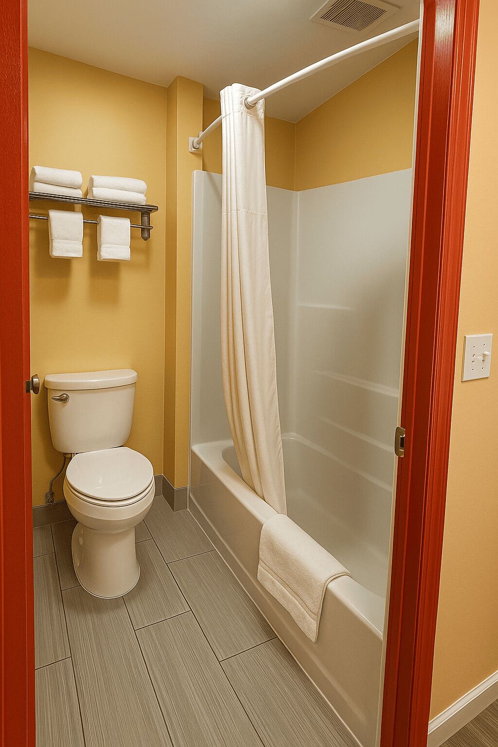 Combined shower/tub, free toiletries, hair dryer, towels