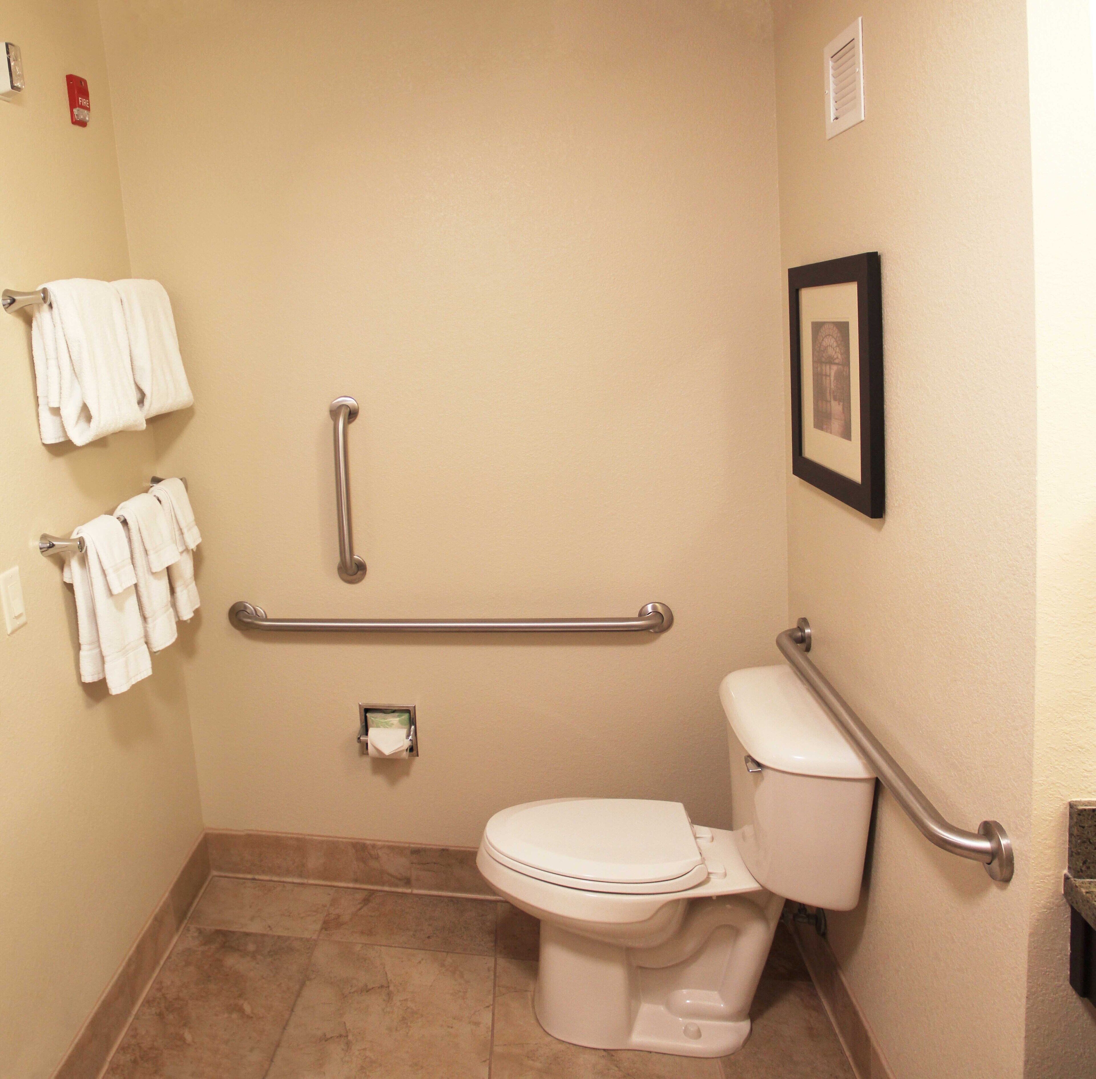 A small, single-occupancy bathroom with a toilet, grab bars, and a towel rack.