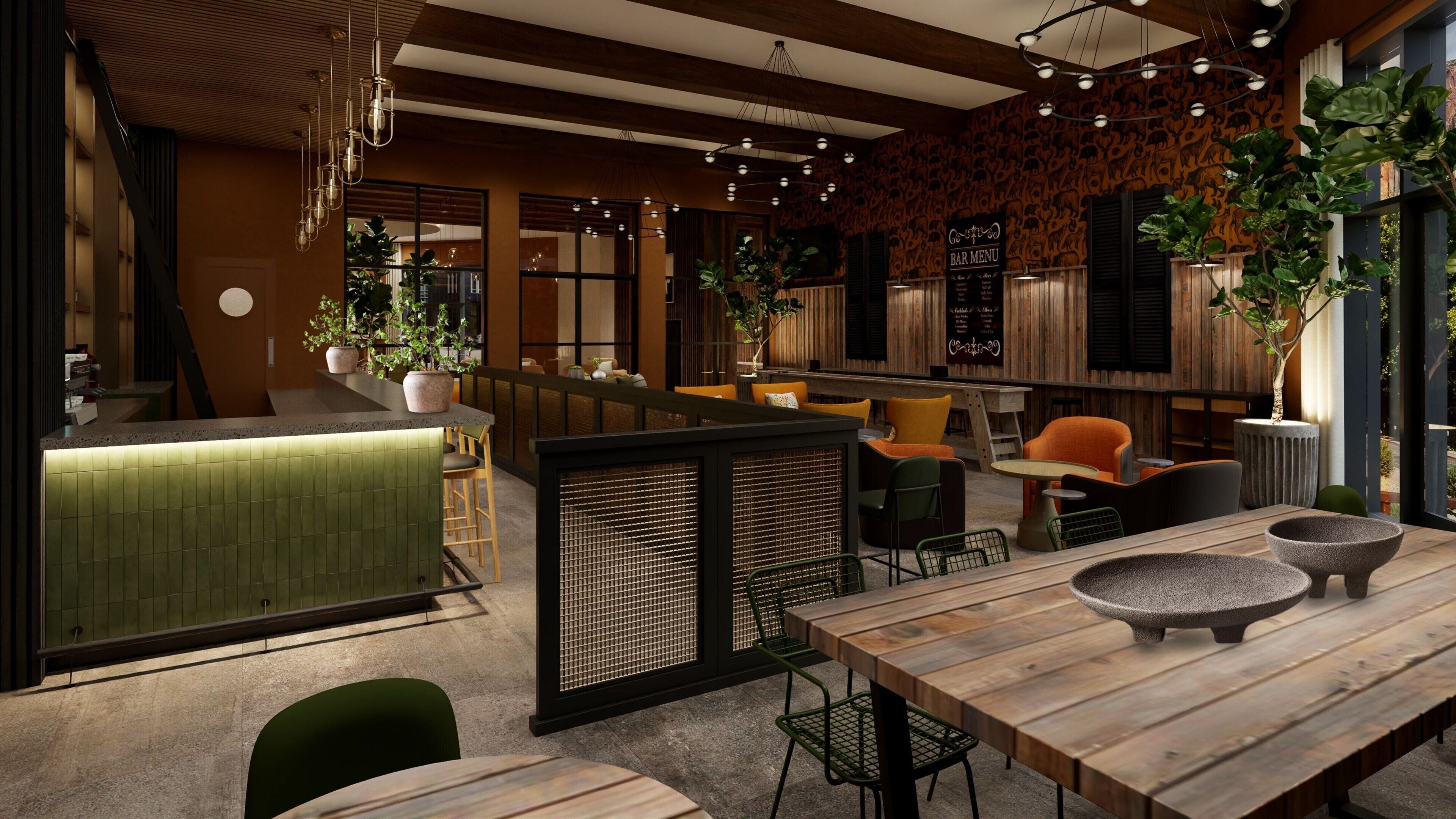 Zona de bar moderna con mobiliario de madera, sillas verdes y una barra también verde.