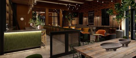 Zona de bar moderna con mobiliario de madera, sillas verdes y una barra también verde.