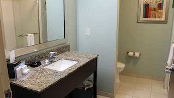 A bathroom with a granite countertop sink, a mirror, a toilet, and a framed picture on the wall.