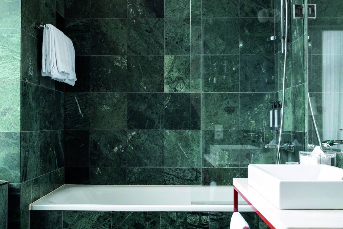 deluxe room | bathroom | shower, hair dryer, towels