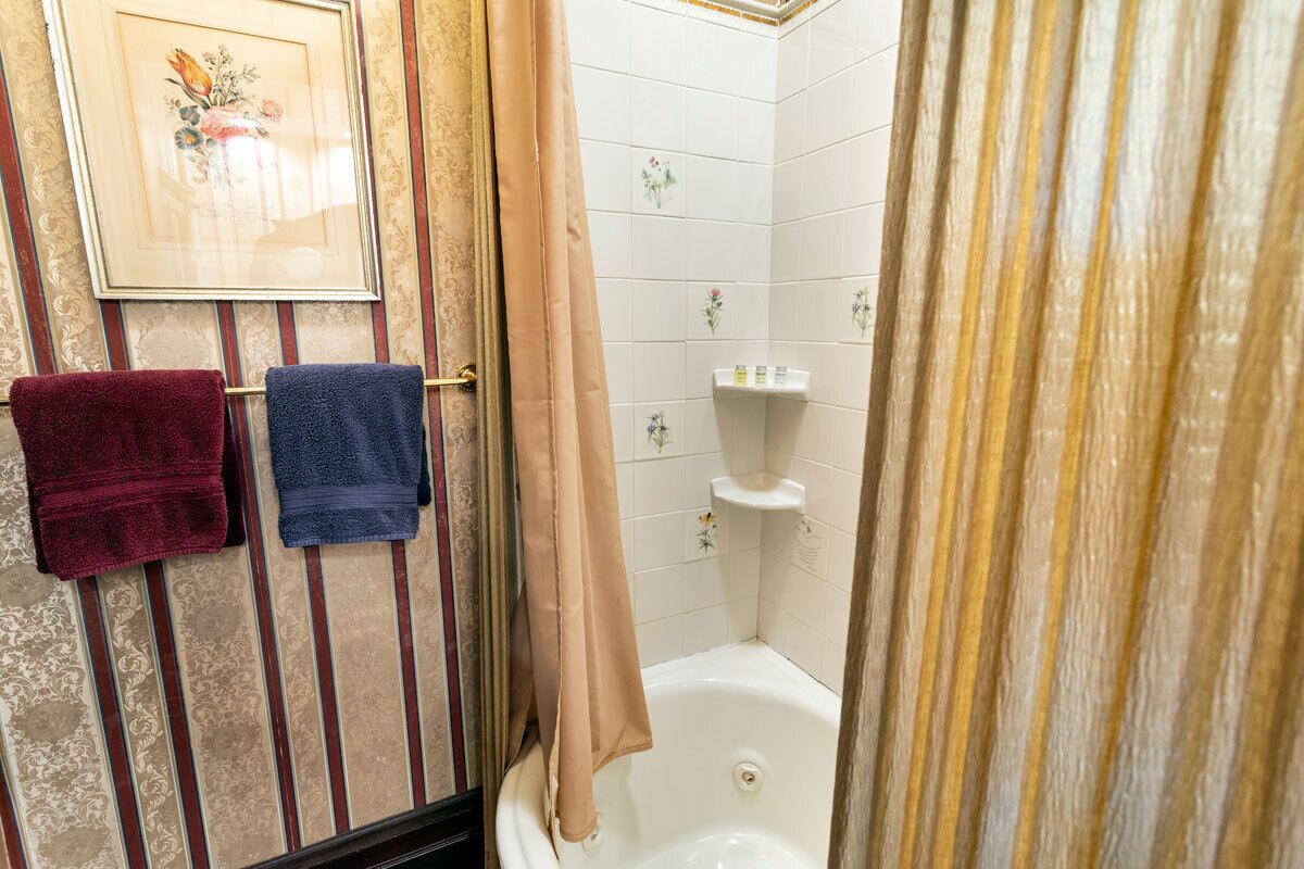Ein Badezimmer mit einer Badewanne, einer Duschvorhang und Handtüchern an einem Wäscheständer.