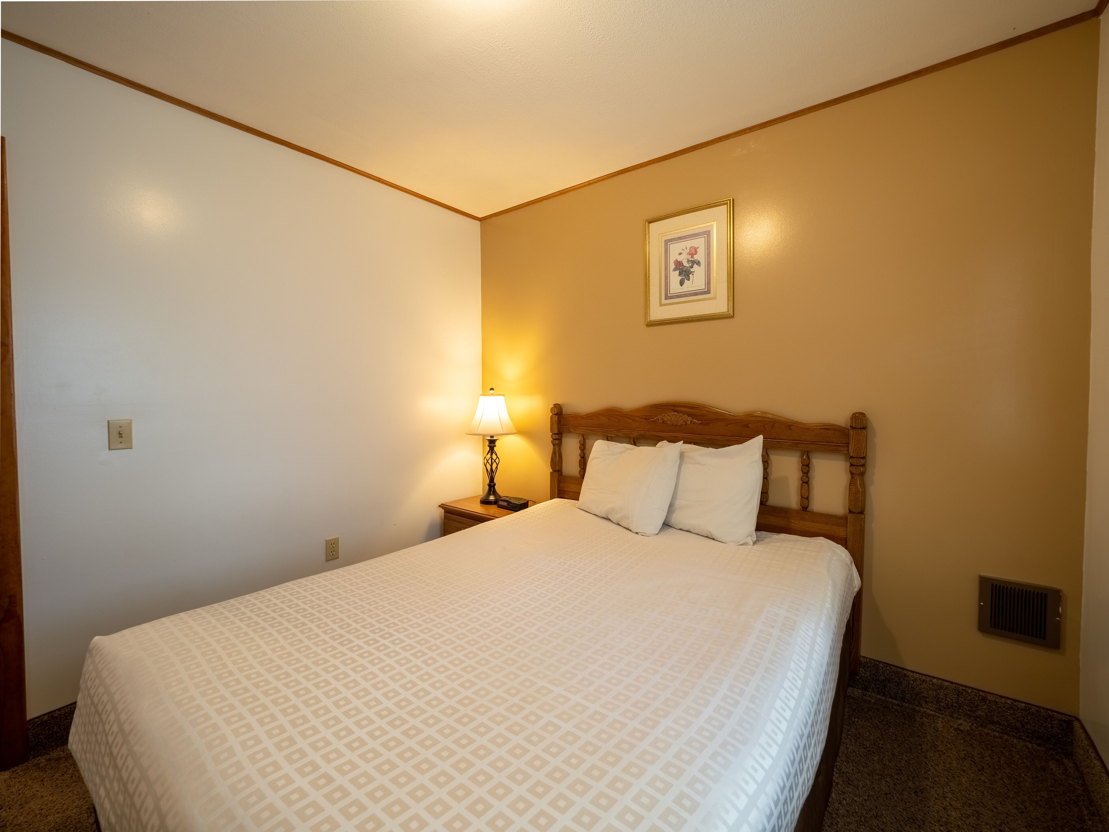 A hotel room with a large bed, a nightstand with a lamp, and a framed picture on the wall.