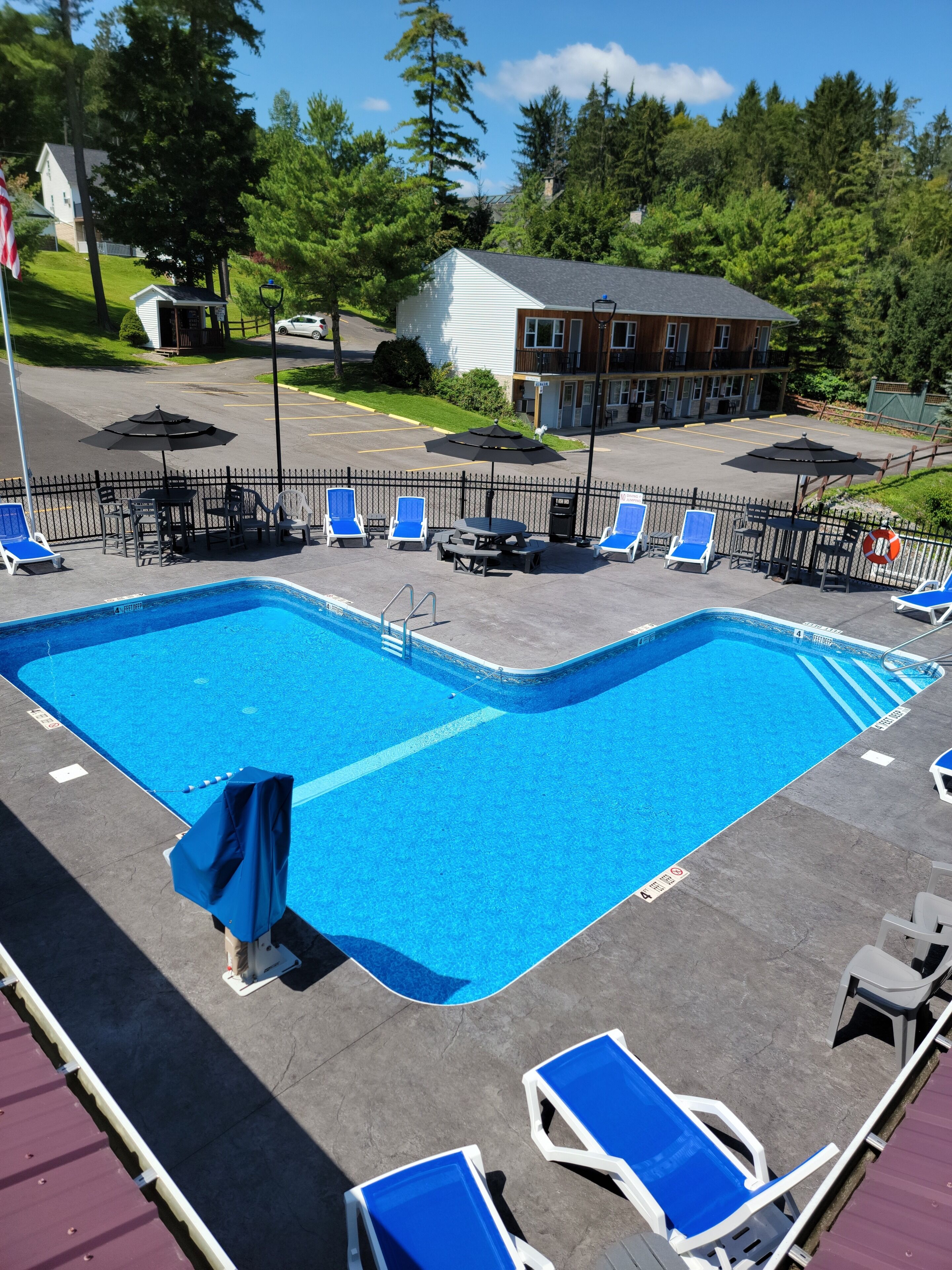 A rectangular swimming pool with blue water, surrounded by lounge chairs and umbrellas. There are buildings and trees in the background.