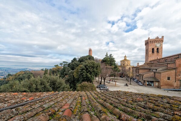 A historic town with a prominent tower, cobblestone streets, and terraced vineyards. - Hotel Miravalle (San Miniato)