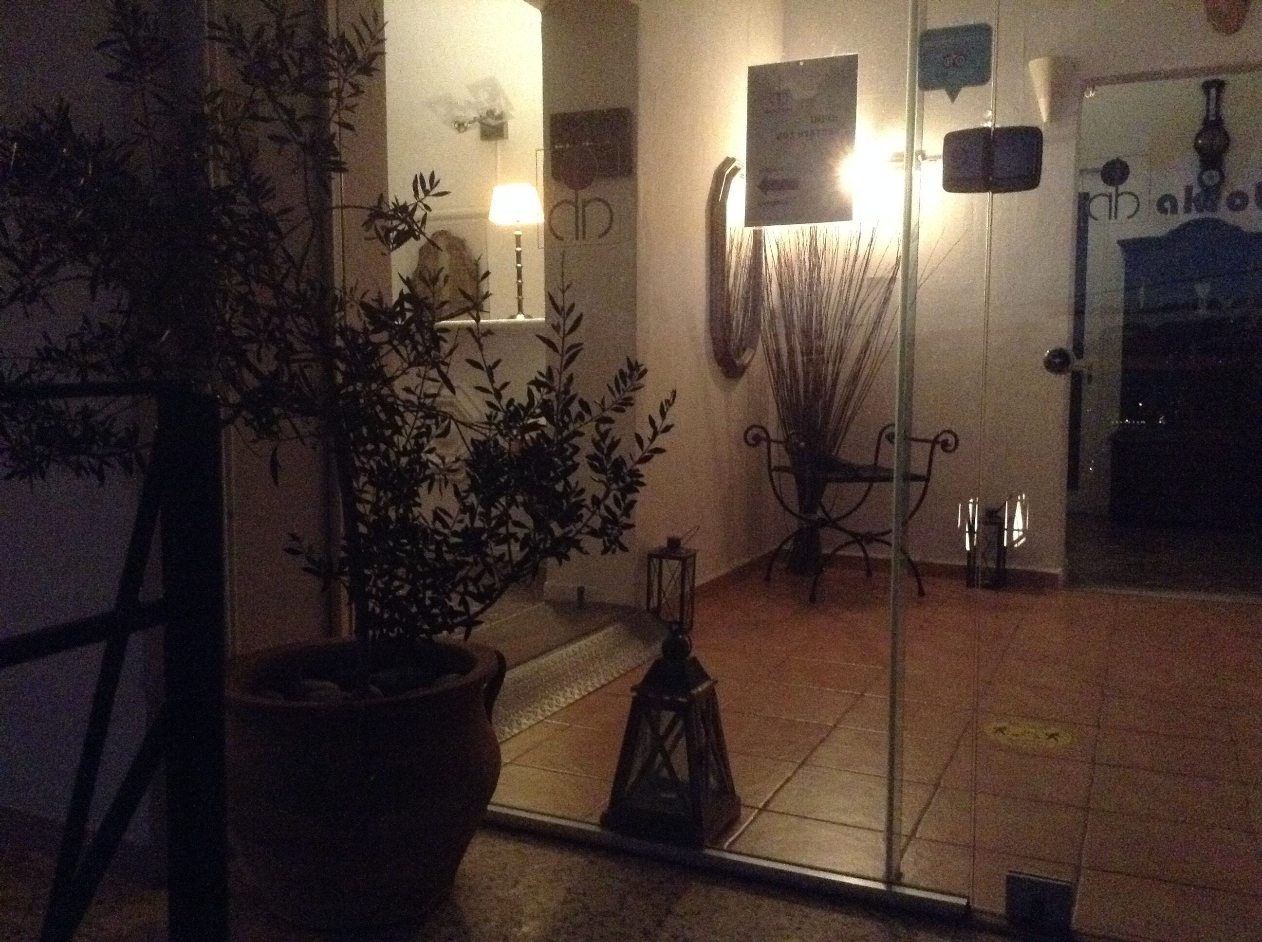 A dimly lit indoor area with a potted plant, a metal chair, and a wall-mounted sign.