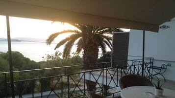 A balcony with a view of the sea, a palm tree, and wicker furniture.