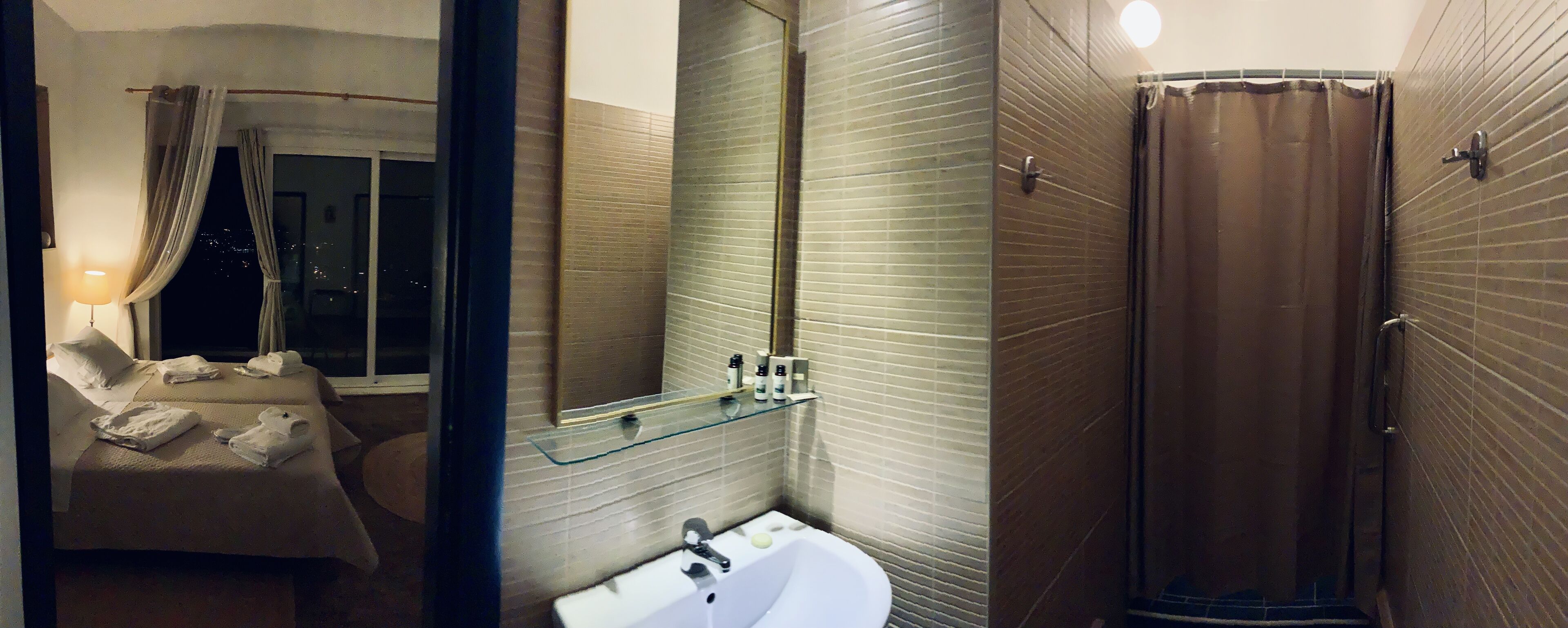 shower, slippers, towels