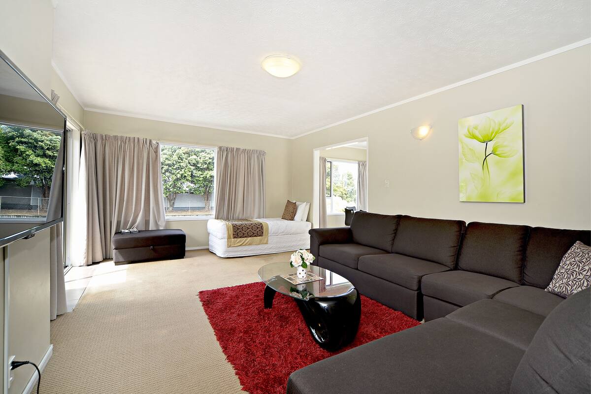 A modern living room with a sofa, a coffee table, and a red rug.