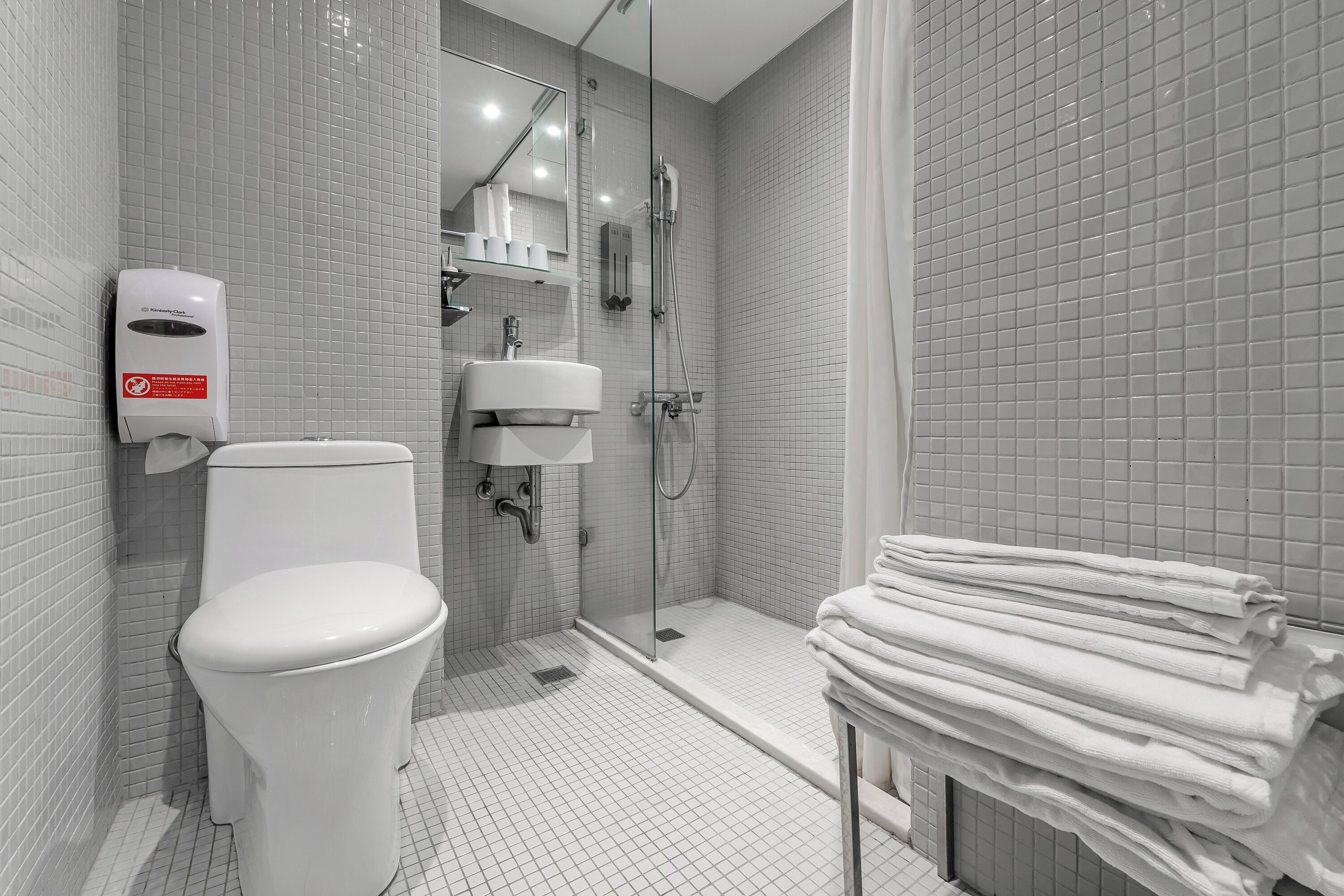 deluxe quadruple room | bathroom | shower, hair dryer, towels, shampoo