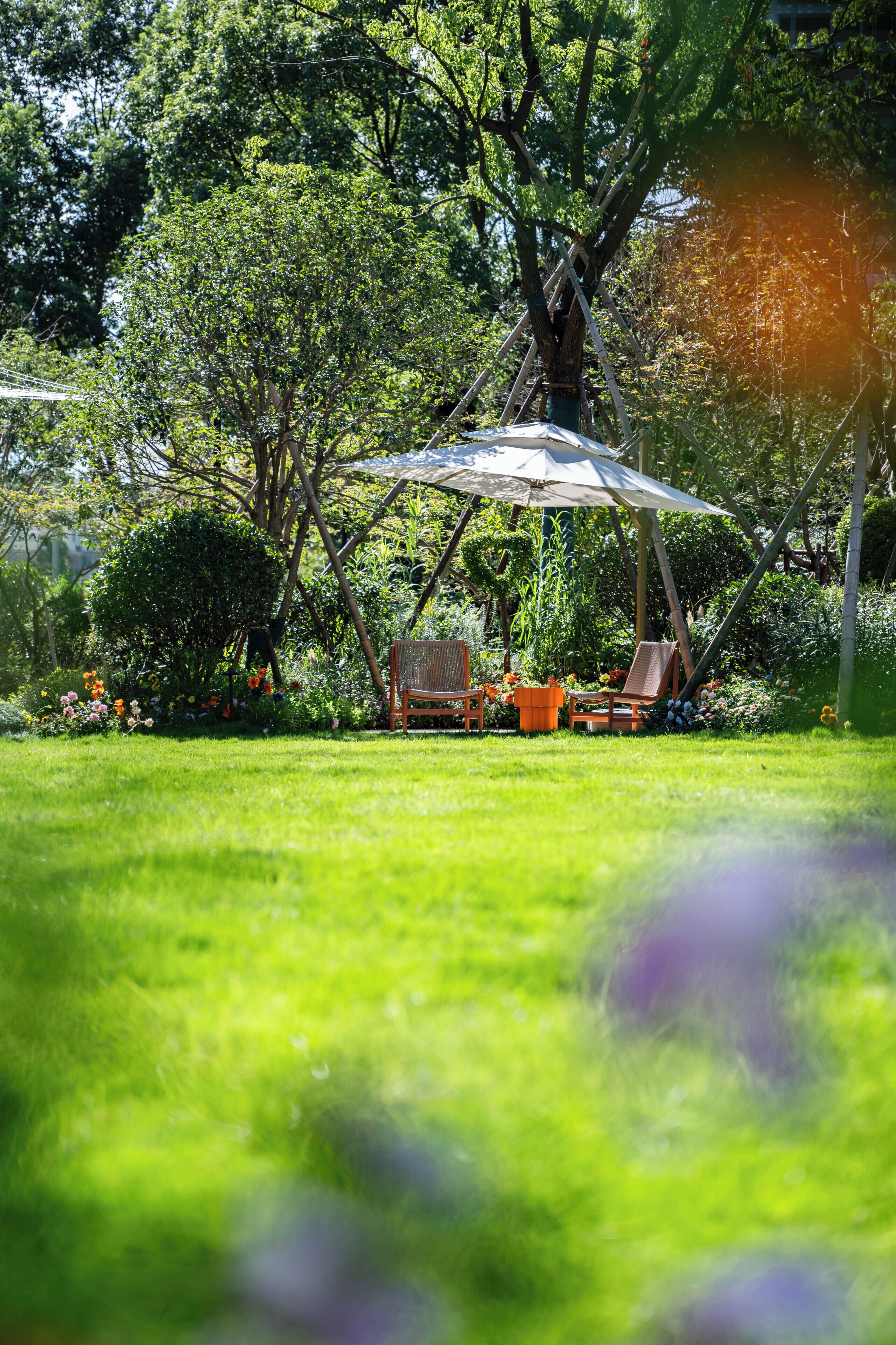 A garden with a wooden pergola, two wooden chairs, and a table under the shade.