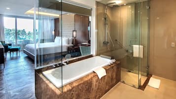 Shower, eco-friendly toiletries, hair dryer, bathrobes