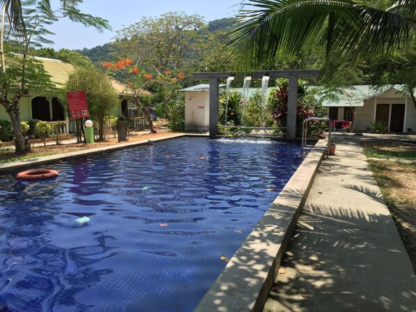A swimming pool with a concrete edge, surrounded by greenery and a small building.