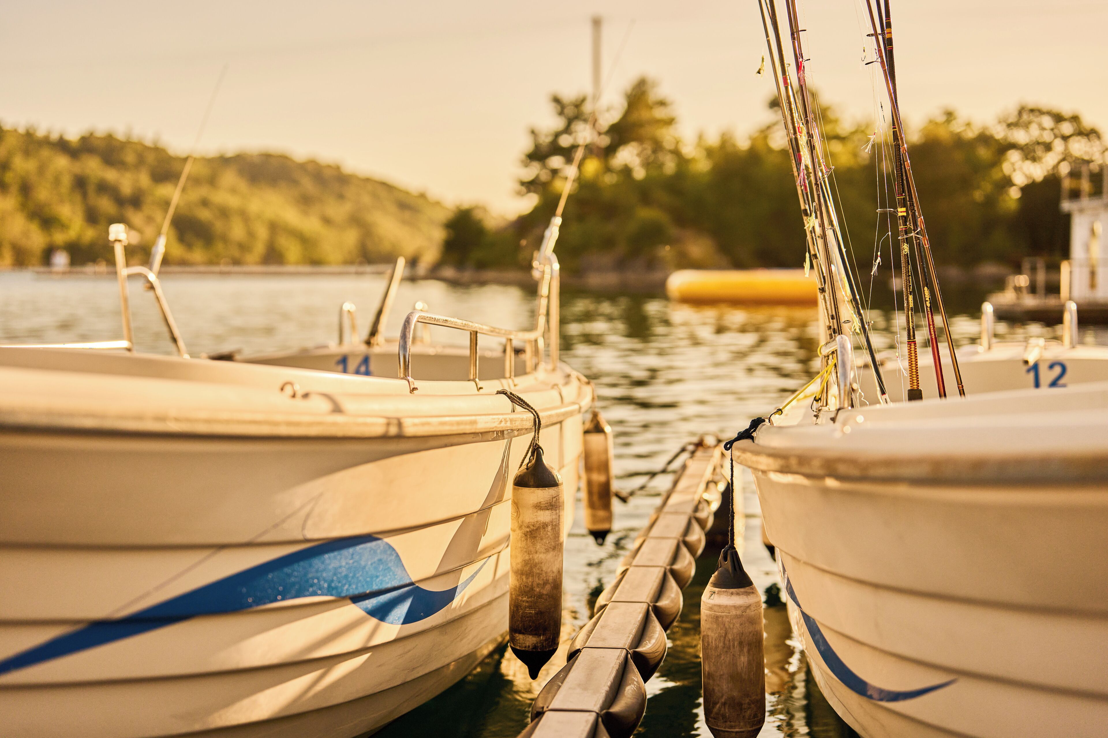 Two boats docked at a pier with a forested hill in the background.