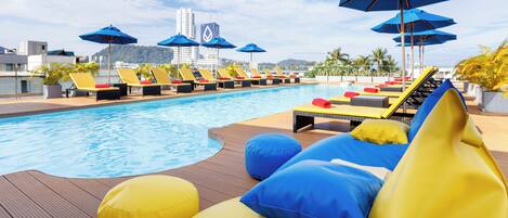 Outdoor pool, open 6:00 AM to 8 PM, pool umbrellas, sun loungers