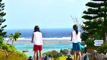 Two people on segways overlooking a coastal view.