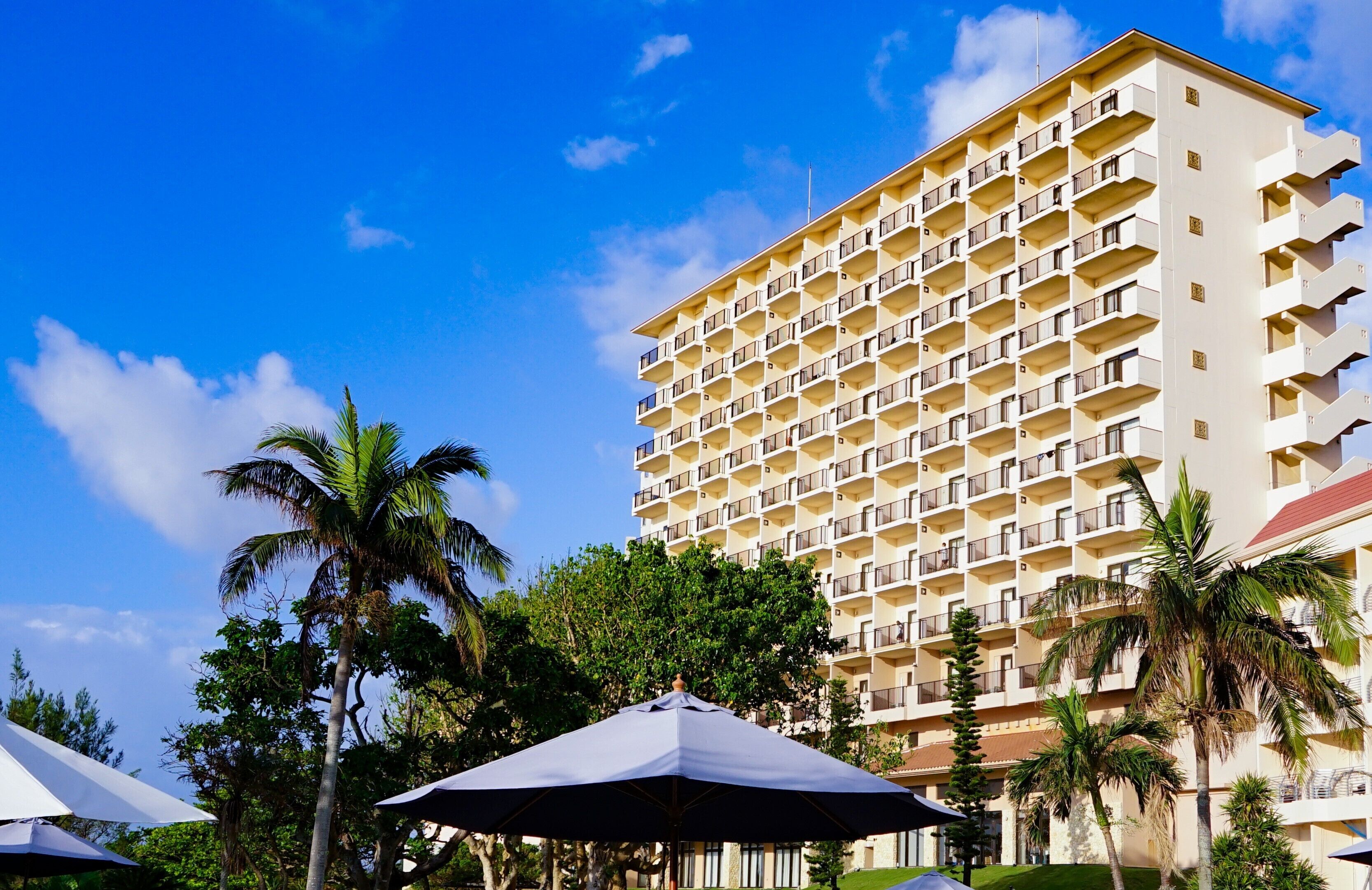Un hotel de varios pisos con balcones, rodeado de palmeras y sombrillas.