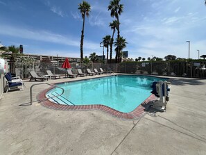 Seasonal outdoor pool, sun loungers