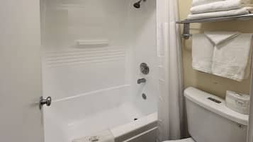 Combined shower/tub, deep soaking tub, free toiletries, hair dryer