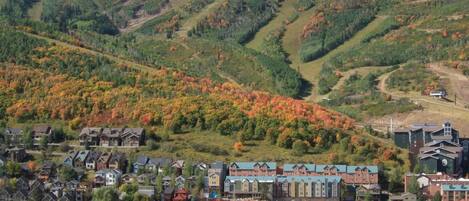 A town with a mix of residential and commercial buildings, a prominent lodge, and a mountainous backdrop.