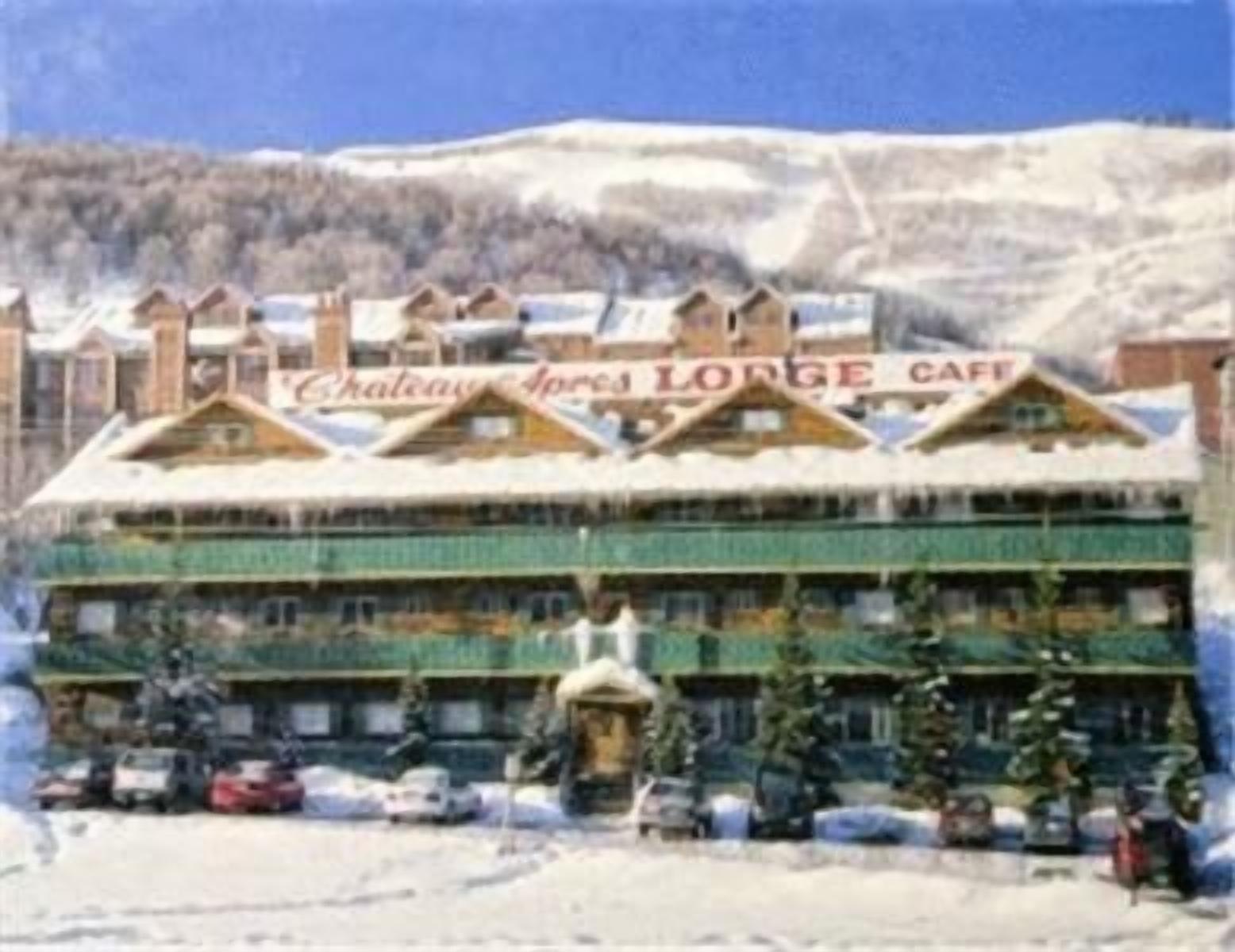 A building with a sign reading "Chalet des Alpes Longe CAFE" with a green facade and multiple windows.