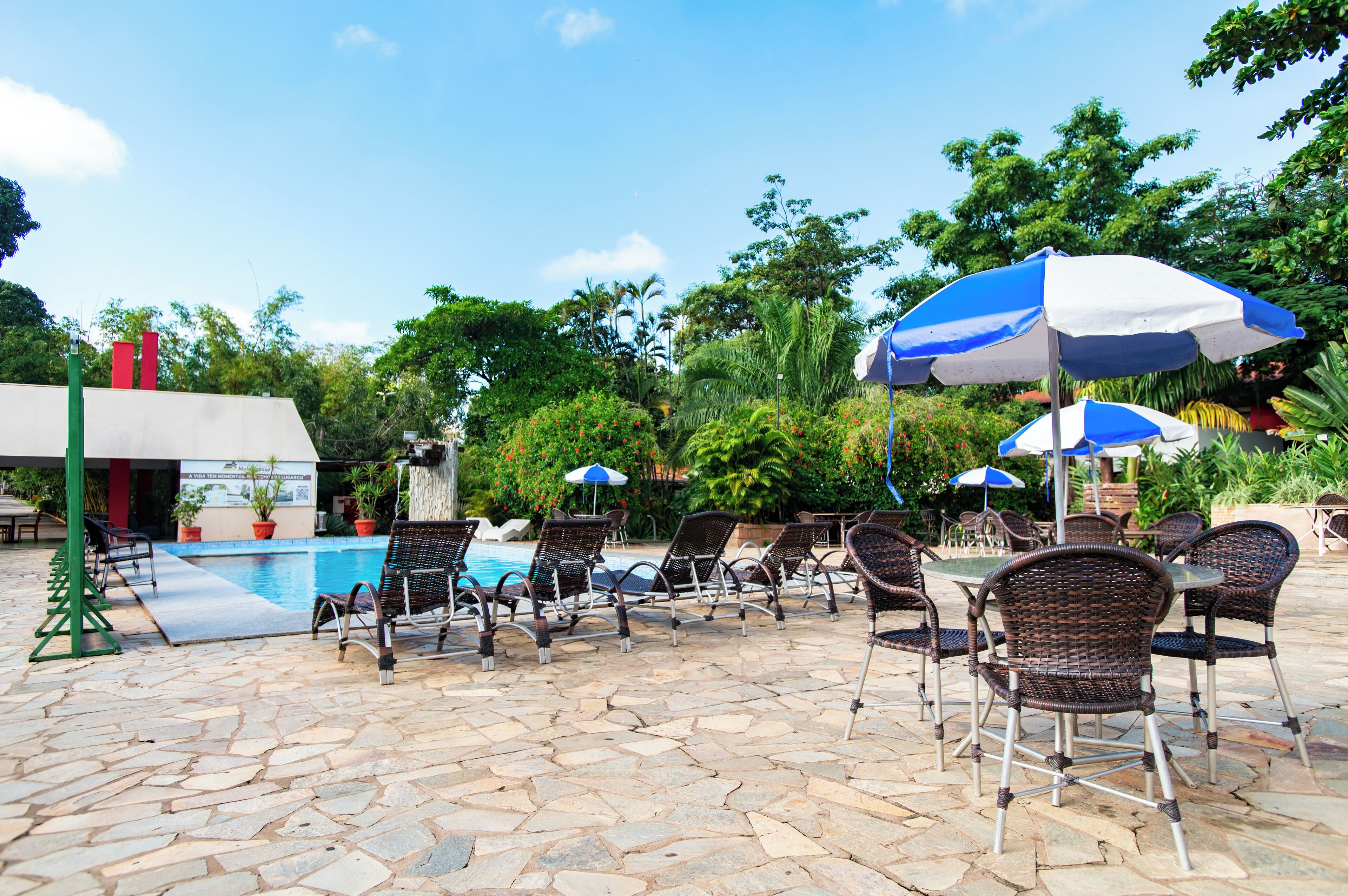 outdoor pool, pool loungers