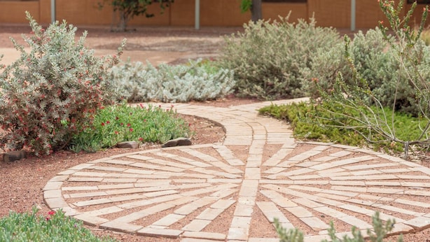 A landscaped garden with a patterned brick pathway leading to a building with a brown facade and windows. - Mud Hut Motel (Coober Pedy)
