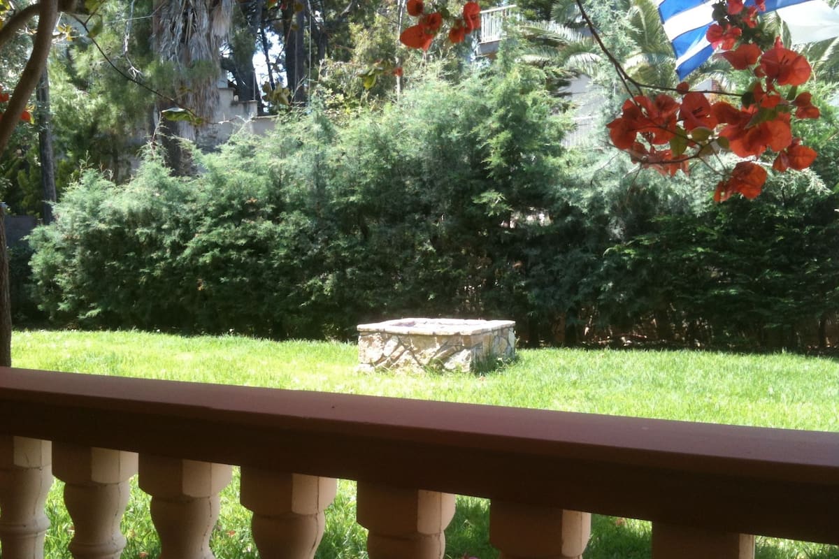 Um banco de pedra num jardim exuberante, com vegetação densa e uma bandeira ao fundo.