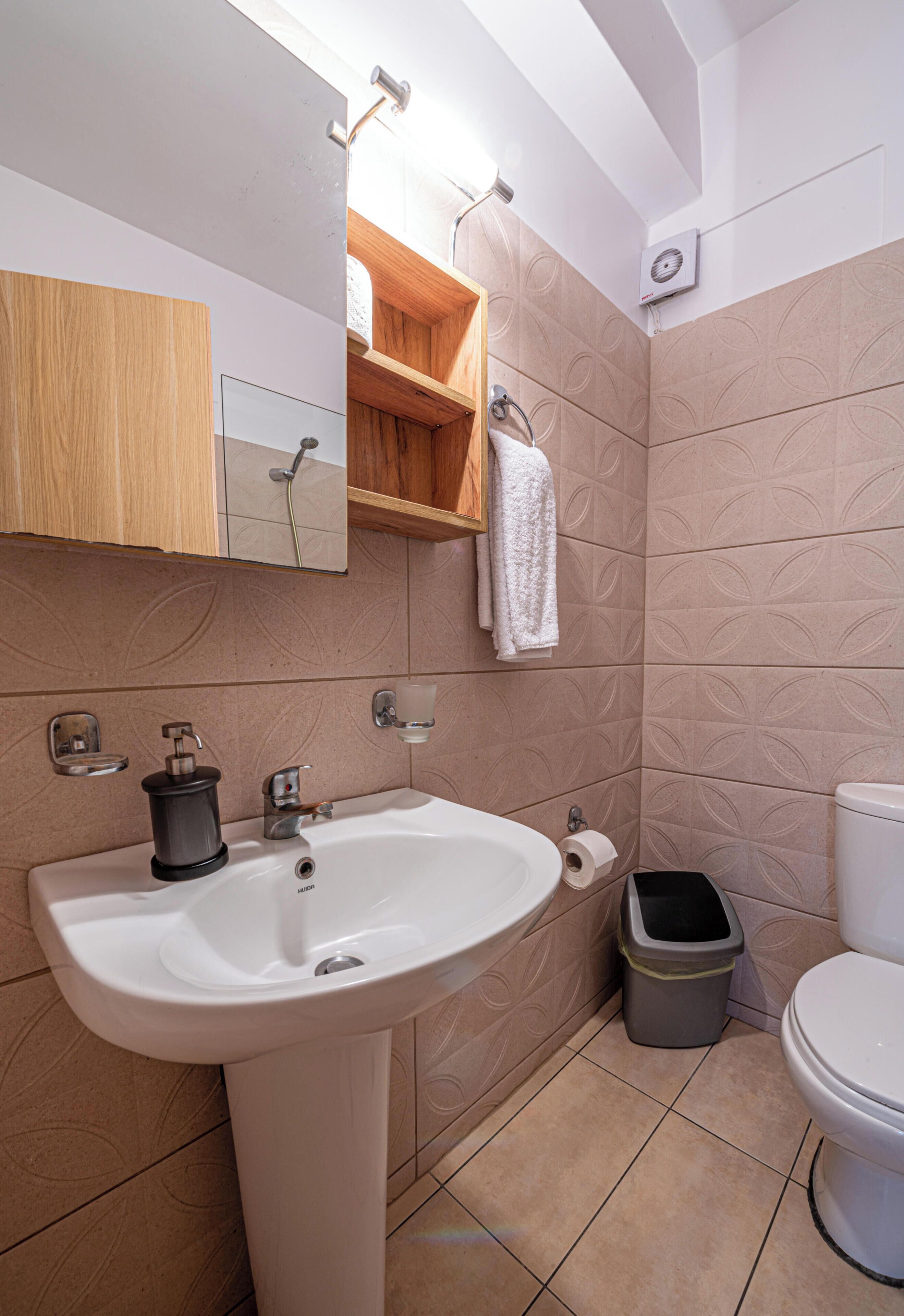 Ein Badezimmer mit weißem Waschbecken, einem Spiegel, einem Handtuchhalter, einer Toilette und einem Mülleimer.
