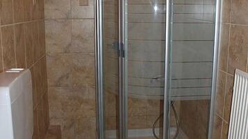 A bathroom with a glass-enclosed shower, a toilet, and a towel rack.