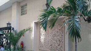 Un patio con plantas en macetas, un muro decorativo y un extintor.