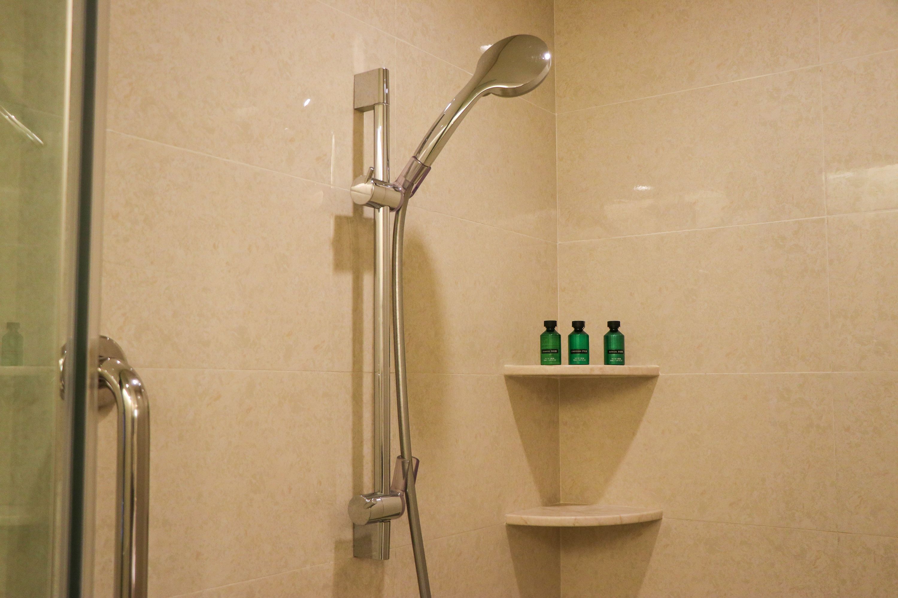 Een douche met een handdouche en een glazen deur. Op een plank staan twee groene flessen.