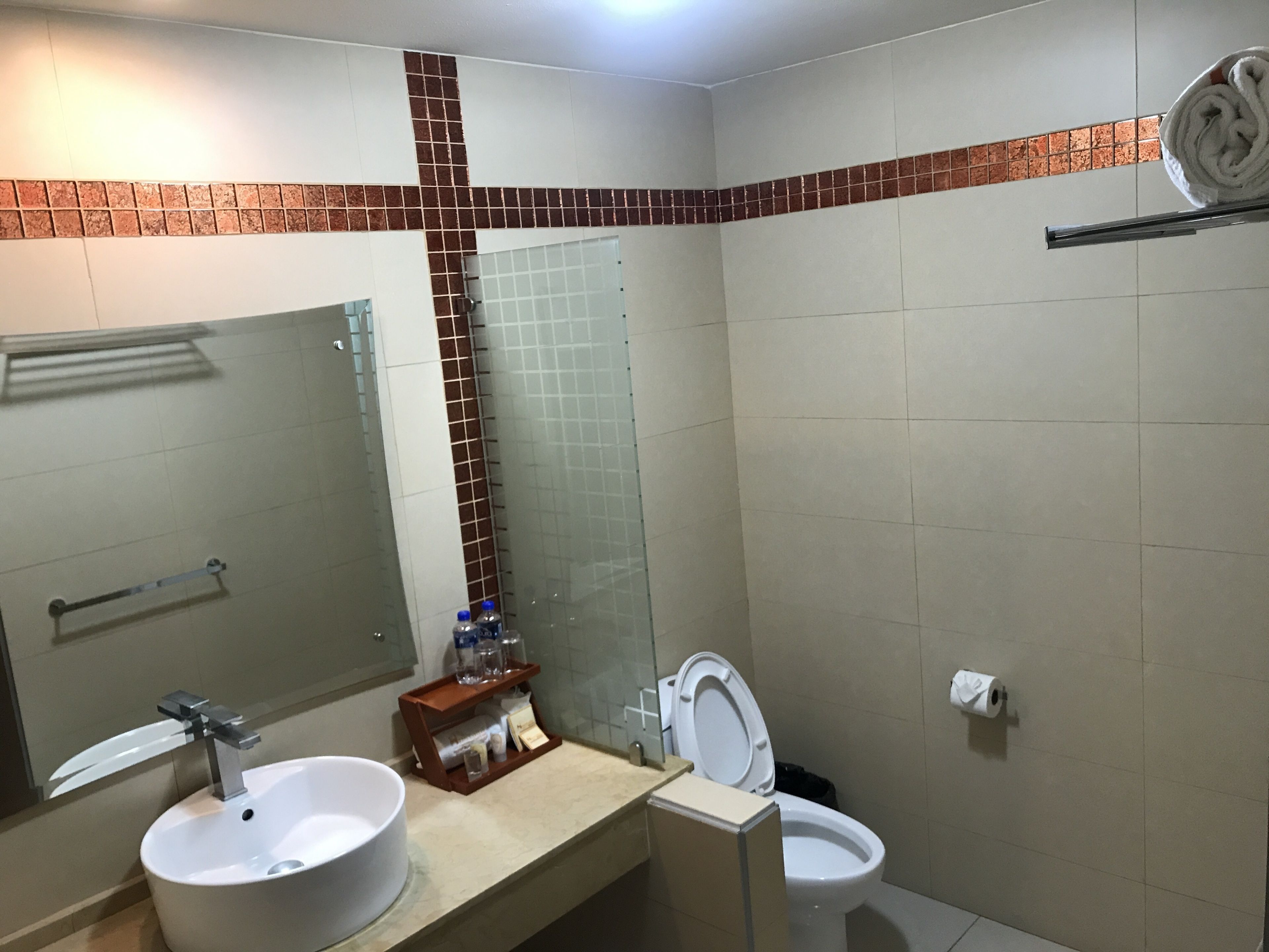 A bathroom with a sink, mirror, toilet, and towel rack.