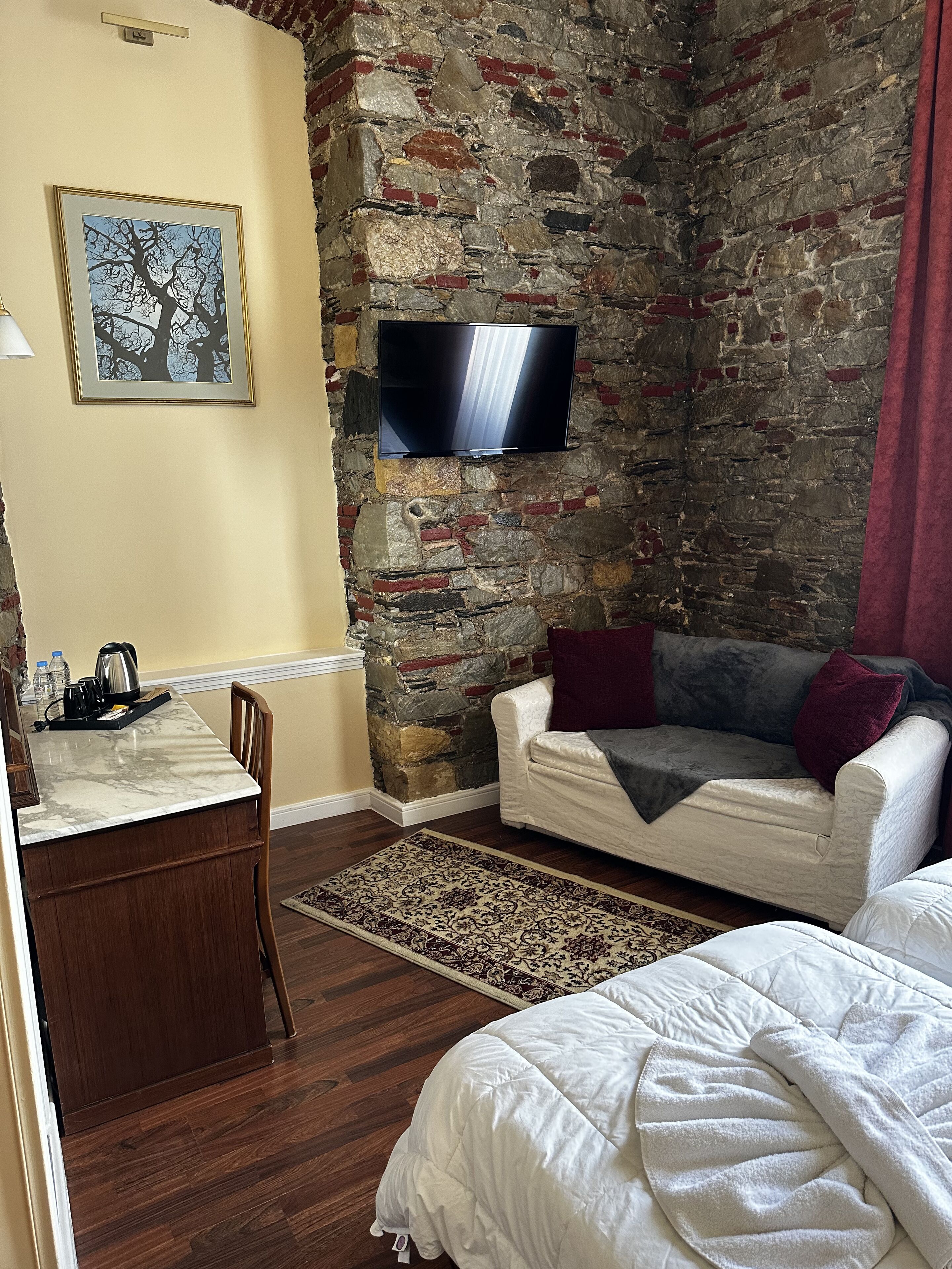 premium bedding, desk, laptop workspace, blackout curtains