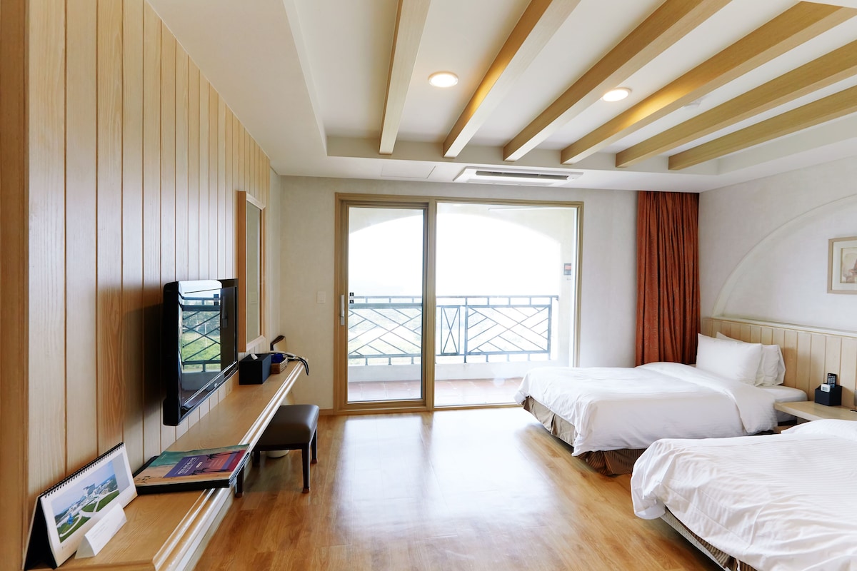 Habitación de hotel con dos camas, un escritorio con computadora, un televisor y un balcón con vistas.