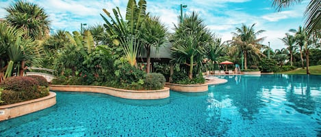 Indoor pool, outdoor pool, open 6:00 AM to 11:00 PM, pool loungers