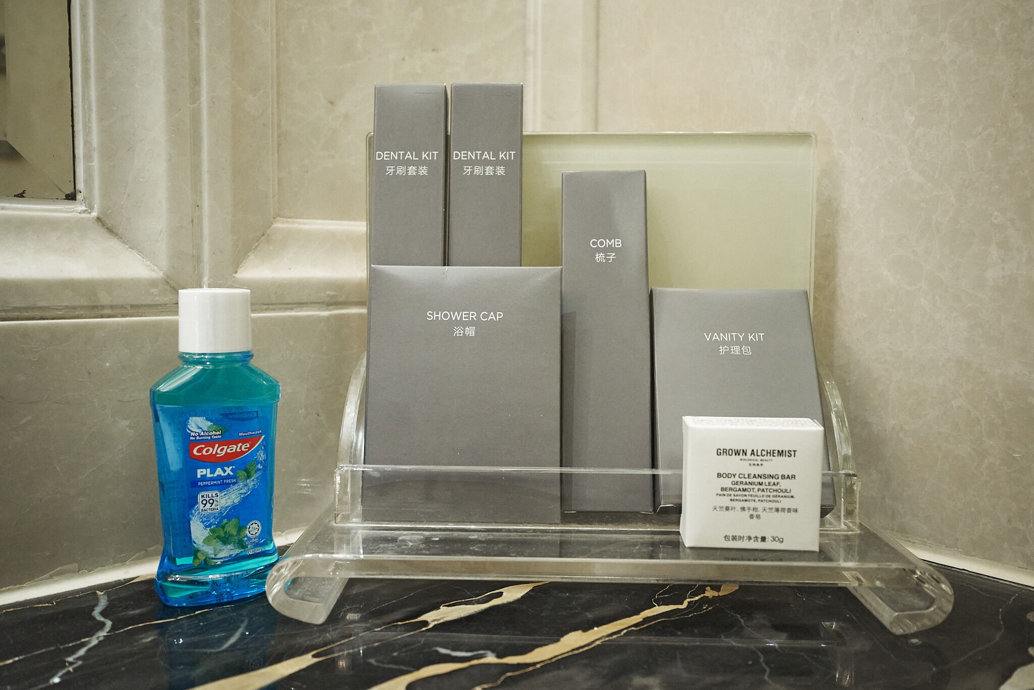 separate bathtub and shower, rainfall showerhead, designer toiletries