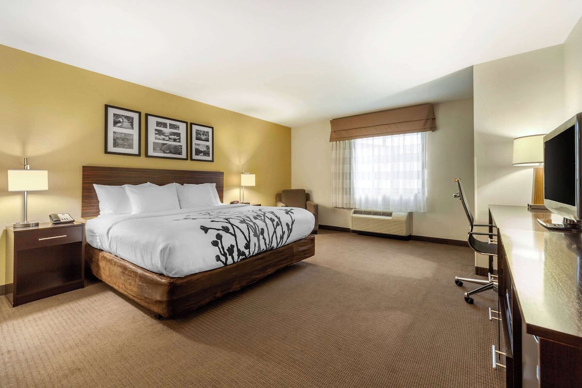 A hotel room with a large bed, bedside tables, a desk with a chair, a TV, and framed pictures on the wall.