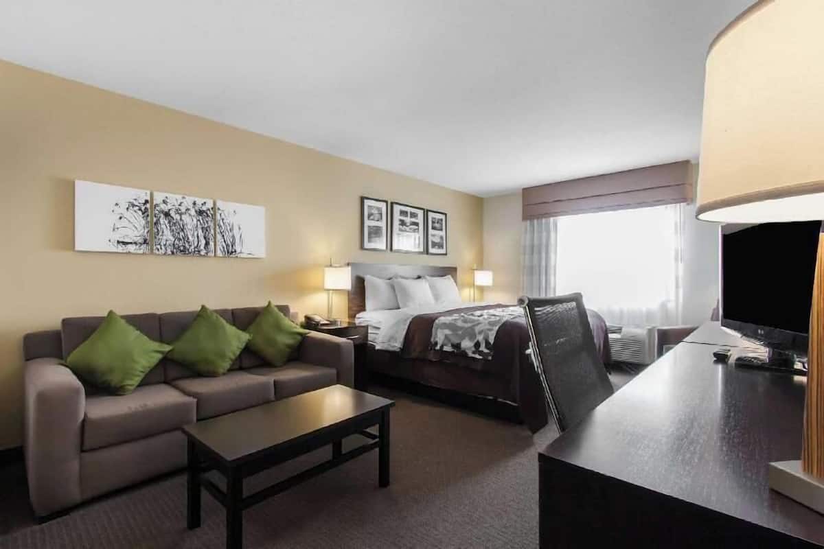 A hotel room with a sofa, a bed, a desk with a lamp, and artwork on the walls.