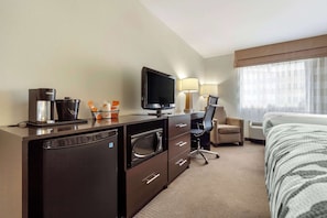 Hypo-allergenic bedding, pillow-top beds, desk, laptop workspace