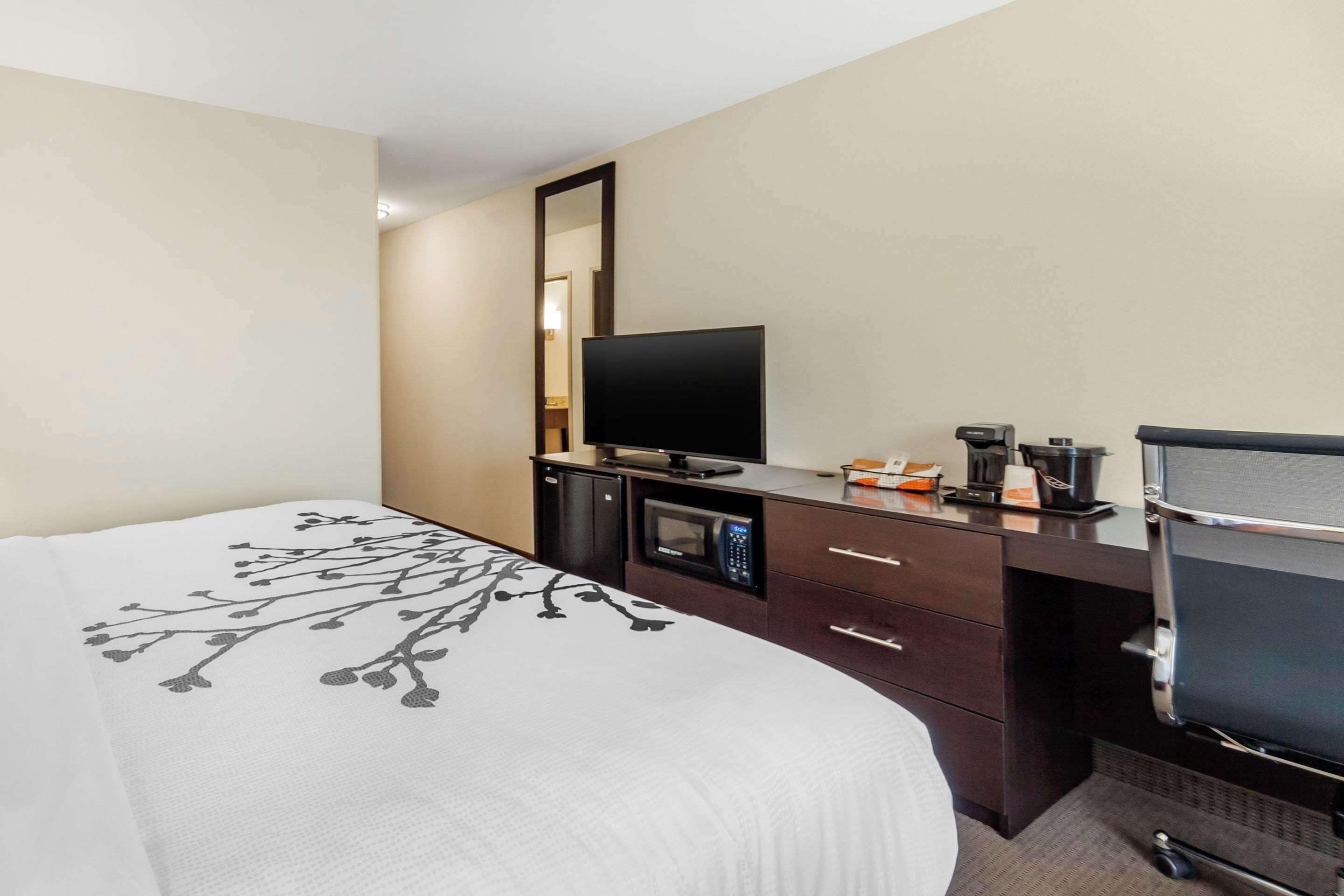 Habitación de hotel con cama, escritorio, televisor de pantalla plana, microondas y cafetera.