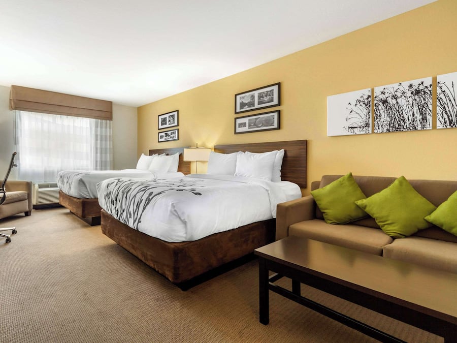 Hypo-allergenic bedding, pillowtop beds, desk, laptop workspace