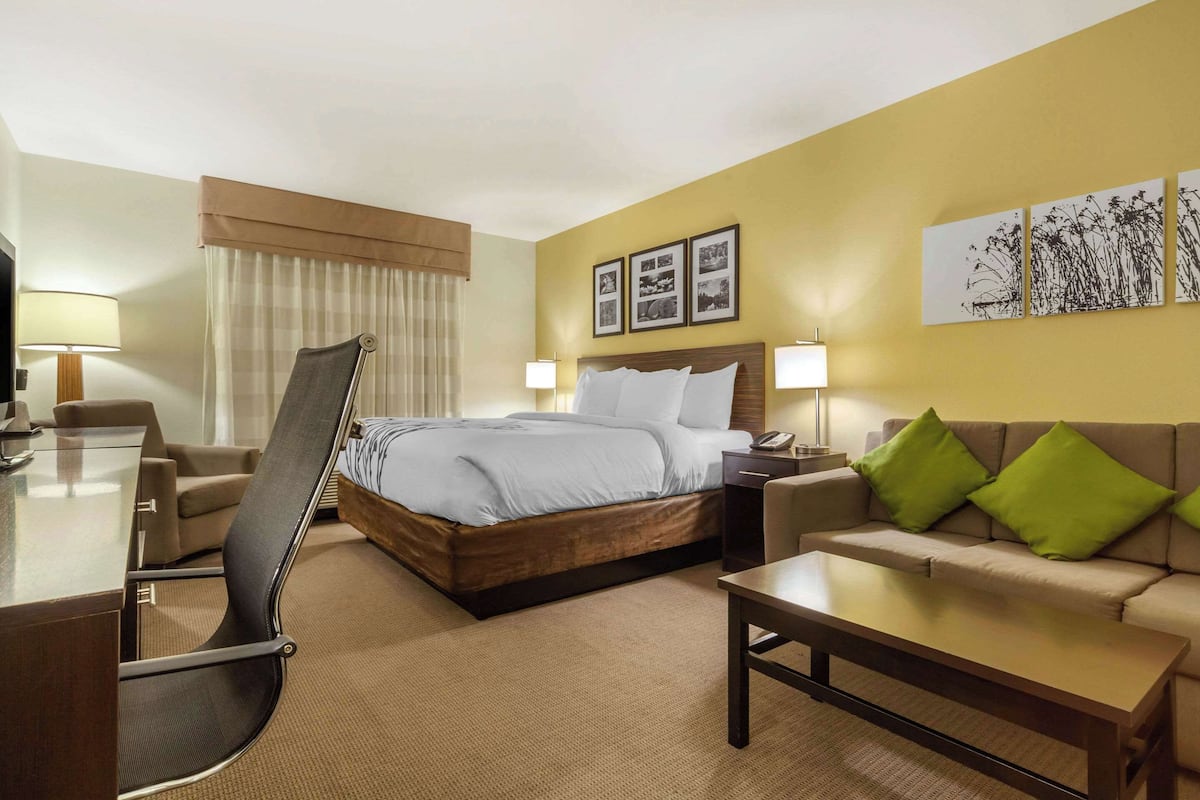 A hotel room with a bed, a desk, a chair, a sofa, and a coffee table. There are three framed pictures on the wall.